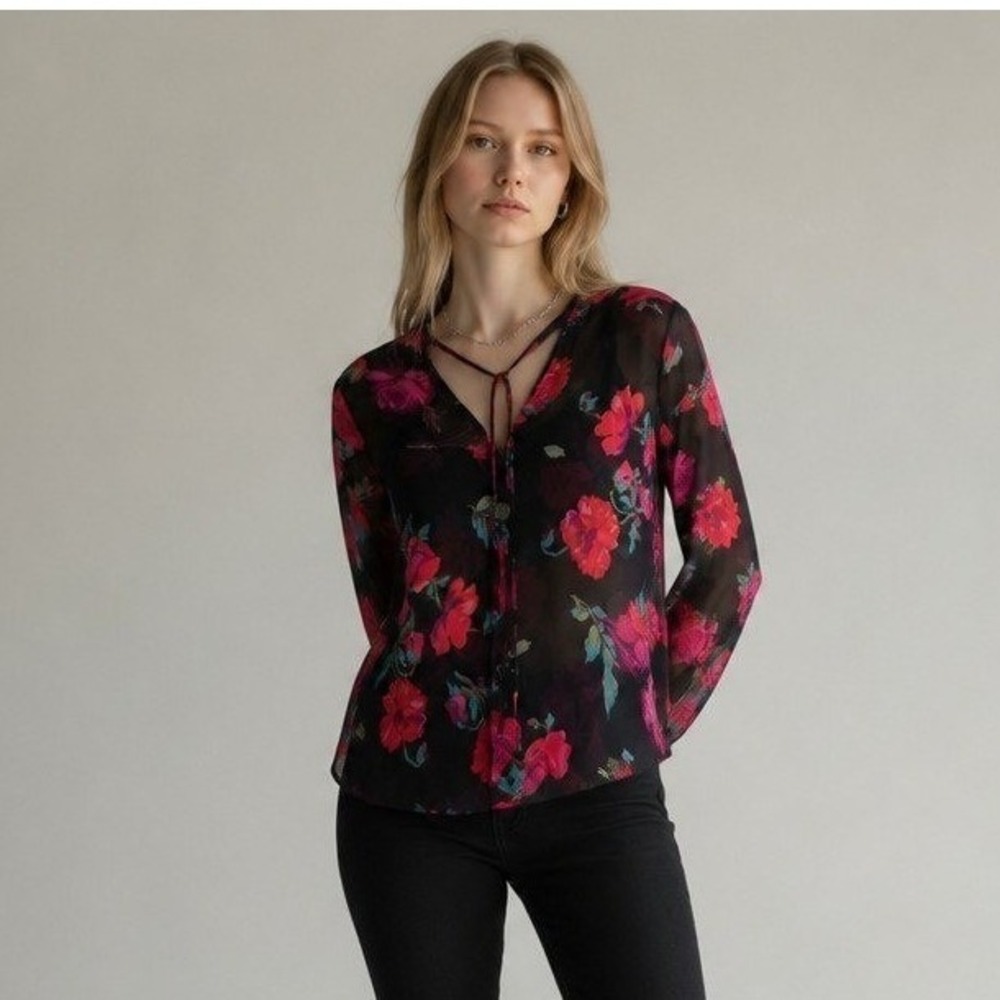 Express World Brand Silk Floral Tie Neck Sheer Blouse Black Red Rose Size 9/10